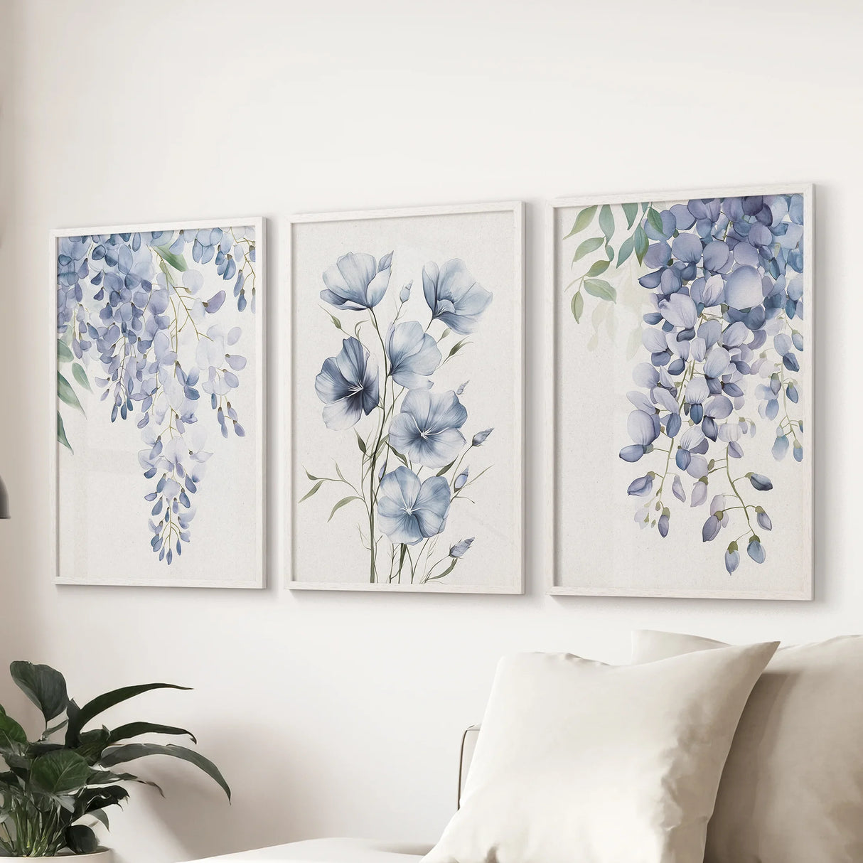 Blue Wall Art Set of 3. Wisteria, Flax Botanical Prints