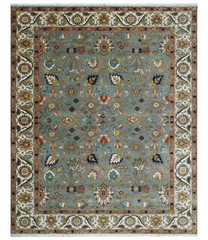 Light Blue, Ivory and Peach Turkish Design Traditional Floral 8x10 and 9x12 Hand Knotted Wool Area Rug