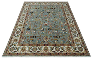 Light Blue, Ivory and Peach Turkish Design Traditional Floral 8x10 and 9x12 Hand Knotted Wool Area Rug