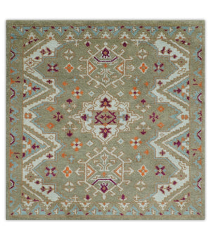 Light Green, Ivory and Maroon Traditional Hand knotted Custom Made wool Area Rug