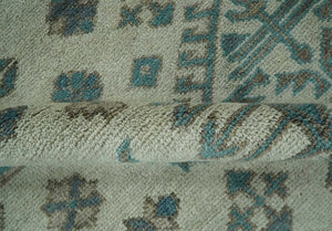 Light green, Teal and Charcoal Traditional Hand Knotted Custom Made wool Area Rug