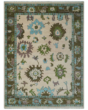 Light Peach, Green and Aqua Hand knotted Traditional Oushak 9x12 wool Area Rug
