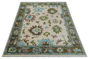 Light Peach, Green and Aqua Hand knotted Traditional Oushak 9x12 wool Area Rug