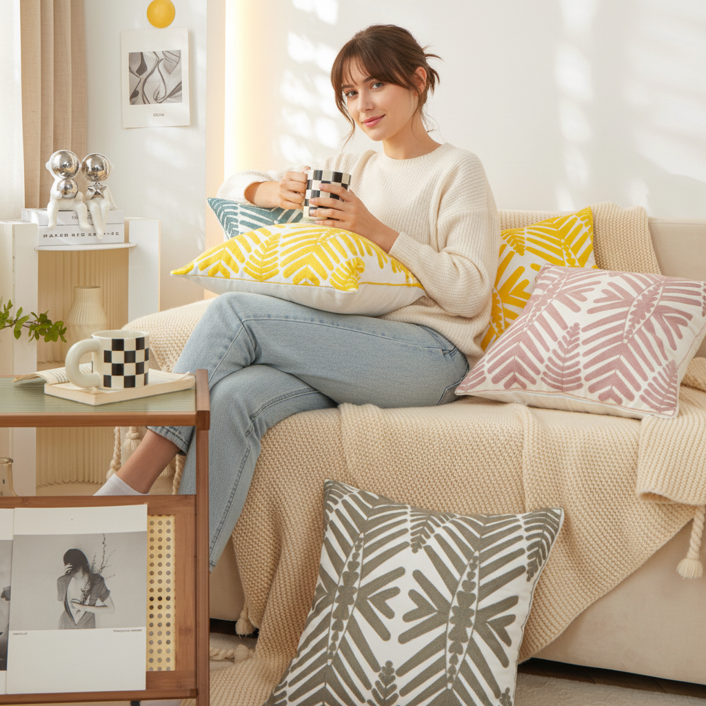 Textured Cotton Blend Square Throw Pillows (With 450g Insert) size 18"x18" set of 2