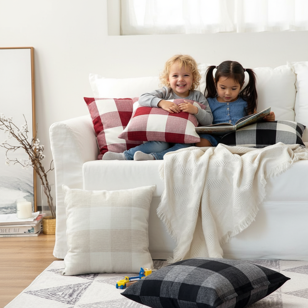 Pack of 1 buffalo-check throw pillow (cover and insert) size 18"x18 with 450g insert