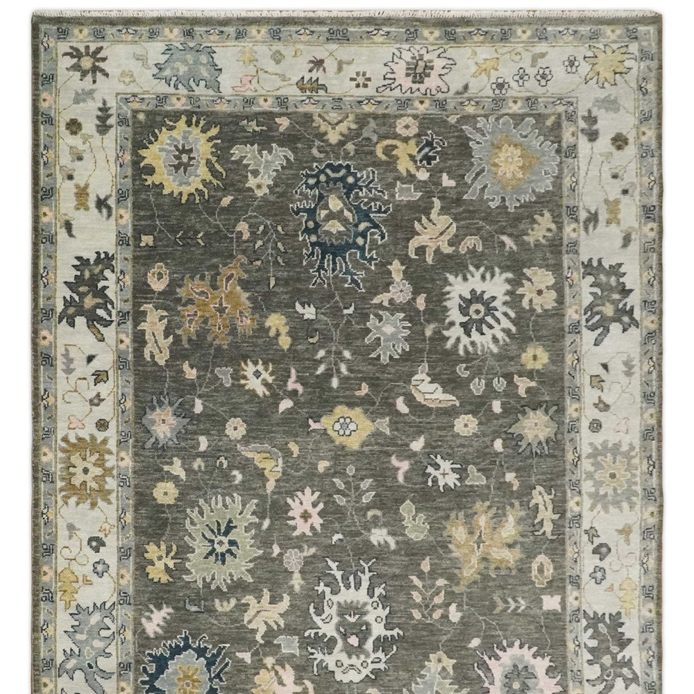 Custom Made Hand Knotted Dark Gray and Beige Traditional Wool Rug