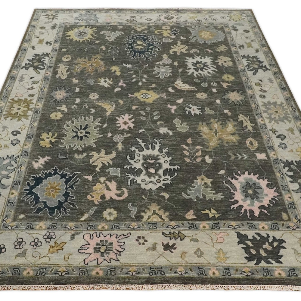 Custom Made Hand Knotted Dark Gray and Beige Traditional Wool Rug