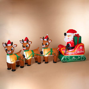8Ft Long Lighted Christmas Santa Claus On Sleigh With 3 Reindeer