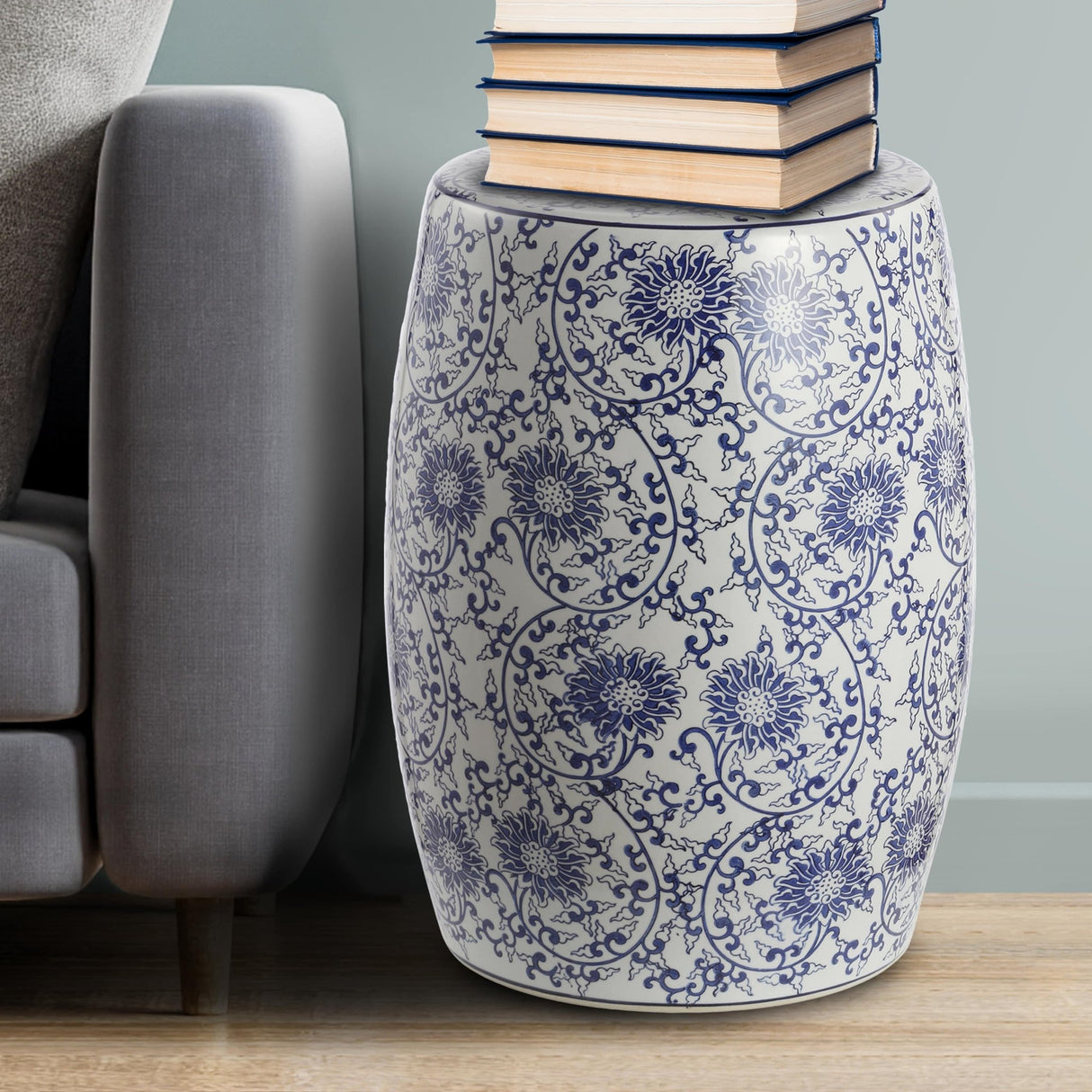 Lotus chinoiserie ceramic drum garden stool accent - Tuesday Morning - Outdoor Tables