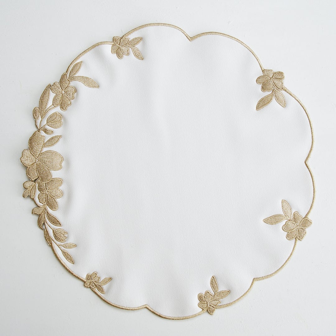 LOTUS WHITE GOLD ROUND FAUX LEATHER PLACEMAT