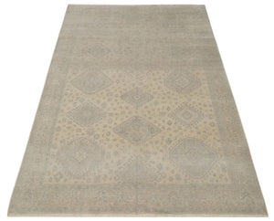 Low Pile 6x9 Hand Knotted Beige and Gray Traditional Wool Area Rug