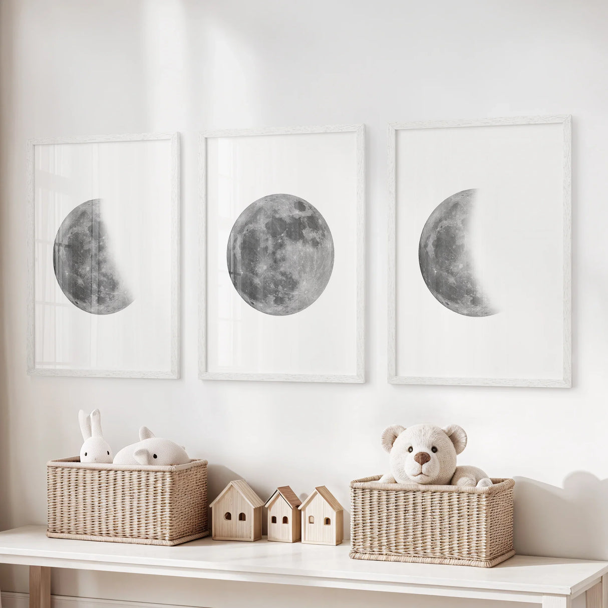 Moon Phases Set of 3 Prints. Black and White Lunar Cycle