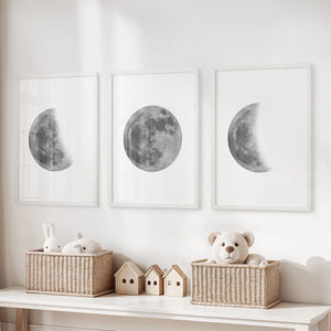 Moon Phases Set of 3 Prints. Black and White Lunar Cycle