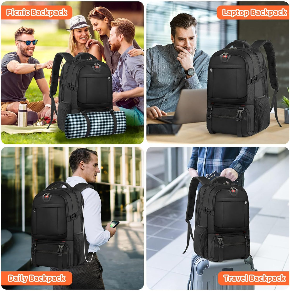 50L Travel Laptop Backpack 17.3 Inch TSA Waterproof with Insulated Compartment USB