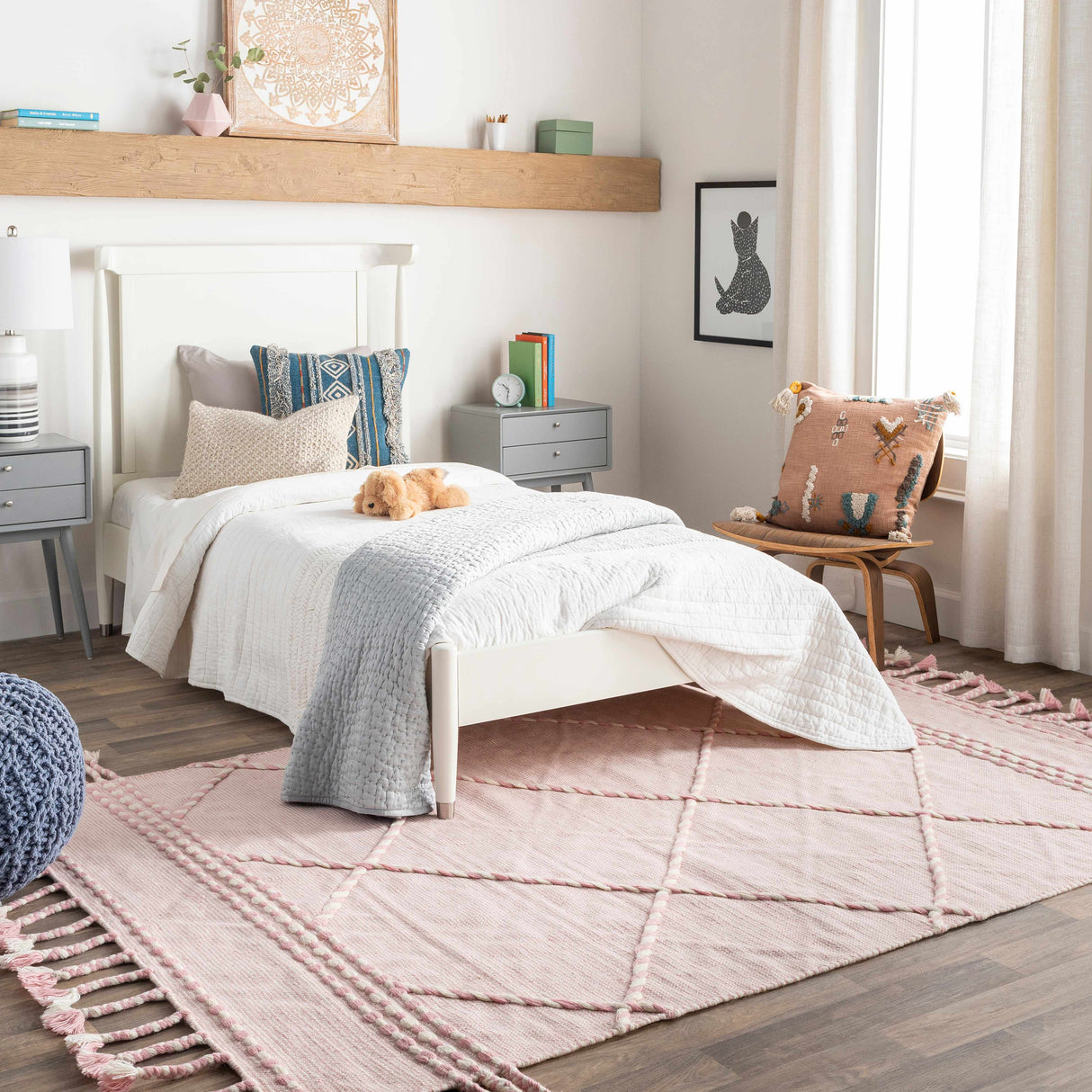 Lupton Pink Trellis Wool Rug with tassels - Clearance