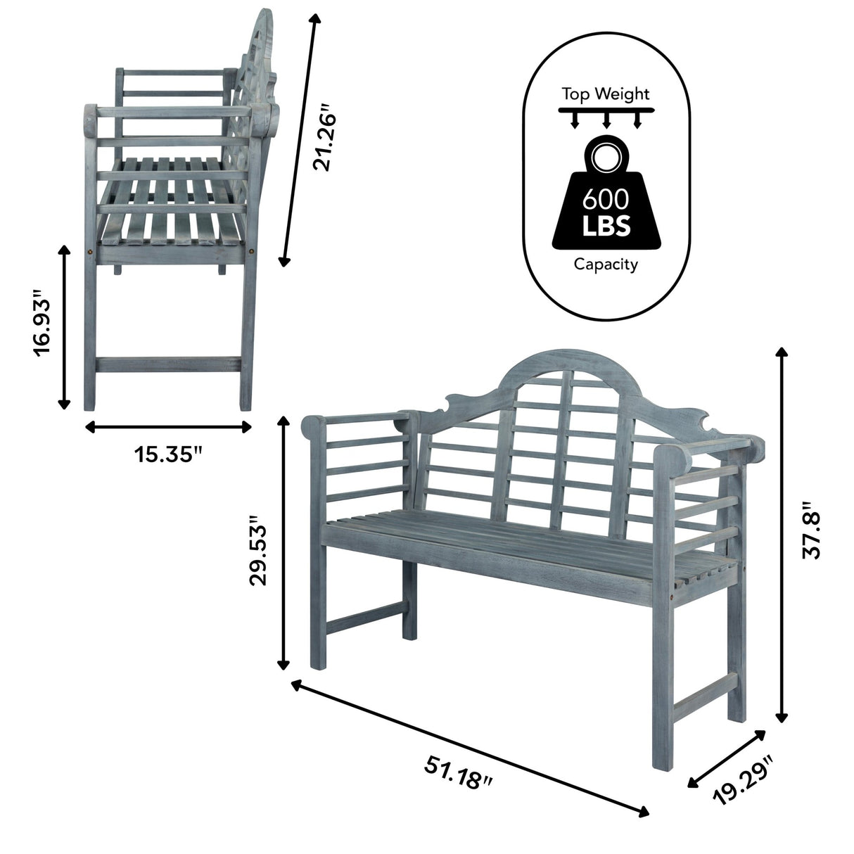 Lutyens 3 - seat arched support acacia wood outdoor garden patio bench - Tuesday Morning - Outdoor Benches