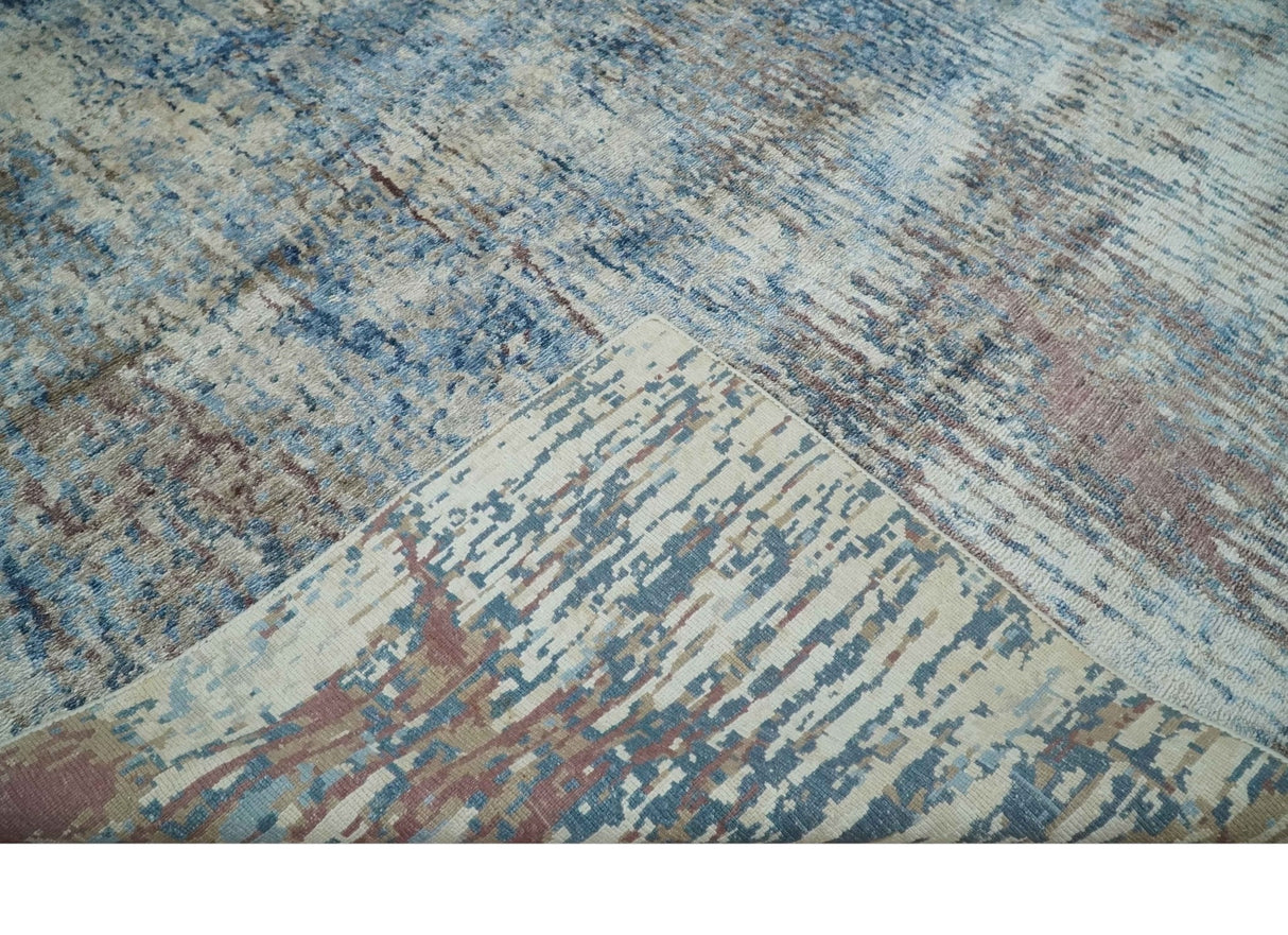 Luxury 8x10  Hand knotted Blue, Ivory and Brown Abstract wool and Silk Blended Area Rug