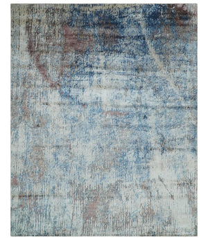 Luxury 8x10  Hand knotted Blue, Ivory and Brown Abstract wool and Silk Blended Area Rug