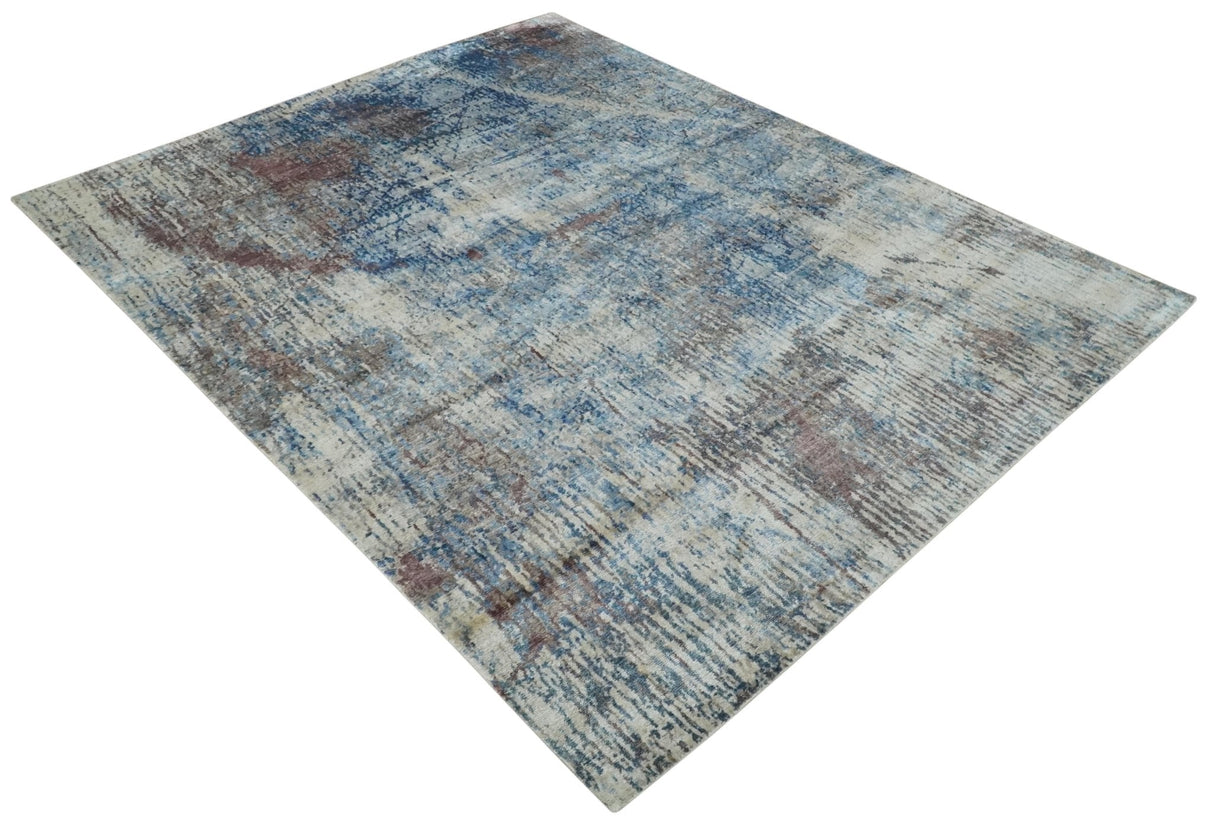 Luxury 8x10  Hand knotted Blue, Ivory and Brown Abstract wool and Silk Blended Area Rug