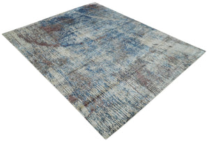 Luxury 8x10  Hand knotted Blue, Ivory and Brown Abstract wool and Silk Blended Area Rug