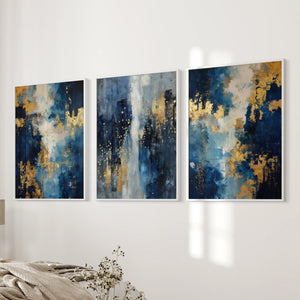 Elegant Navy and Gold Art Set of 3. Contemporary Abstract Prints