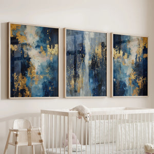 Elegant Navy and Gold Art Set of 3. Contemporary Abstract Prints