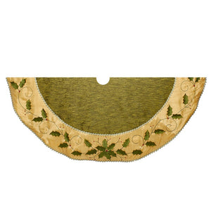 54" Green and Gold With Holly Leaves Embroidered Tree Skirt