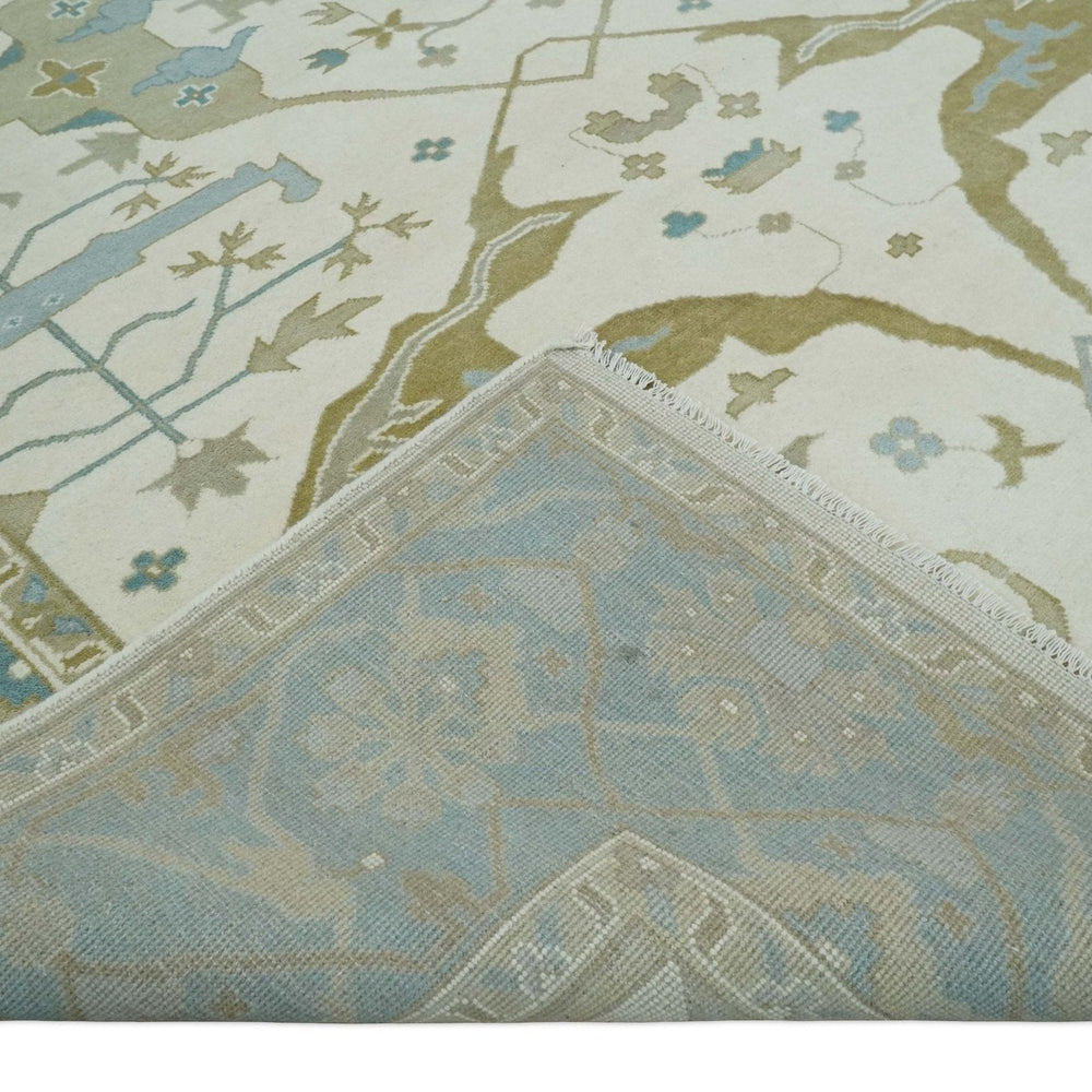 Made to Order Hand Knotted Oriental Oushak Ivory, Aqua and Beige Wool Area Rug