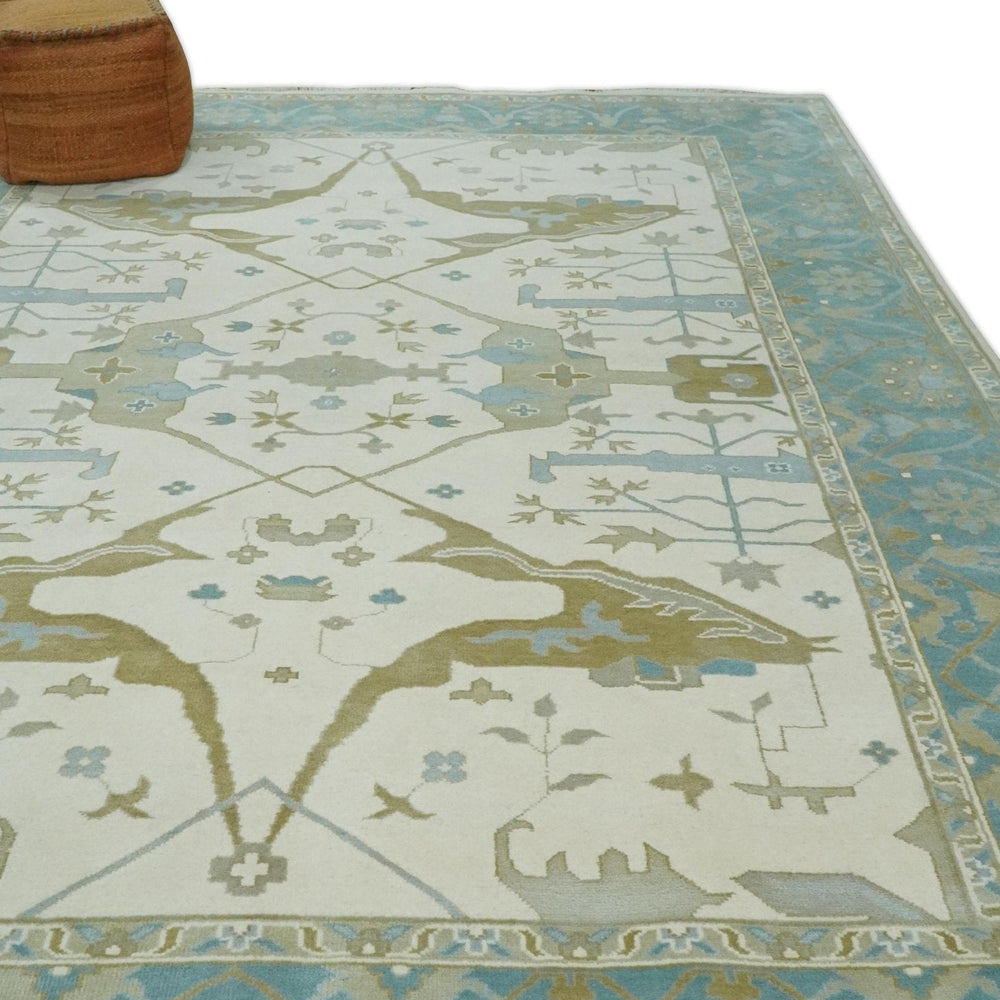 Made to Order Hand Knotted Oriental Oushak Ivory, Aqua and Beige Wool Area Rug