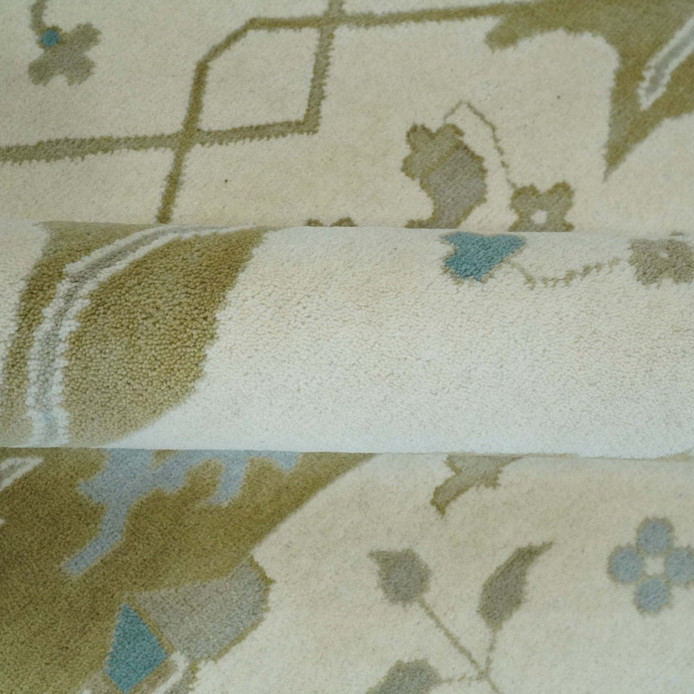 Made to Order Hand Knotted Oriental Oushak Ivory, Aqua and Beige Wool Area Rug