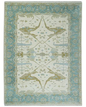 Made to Order Hand Knotted Oriental Oushak Ivory, Aqua and Beige Wool Area Rug