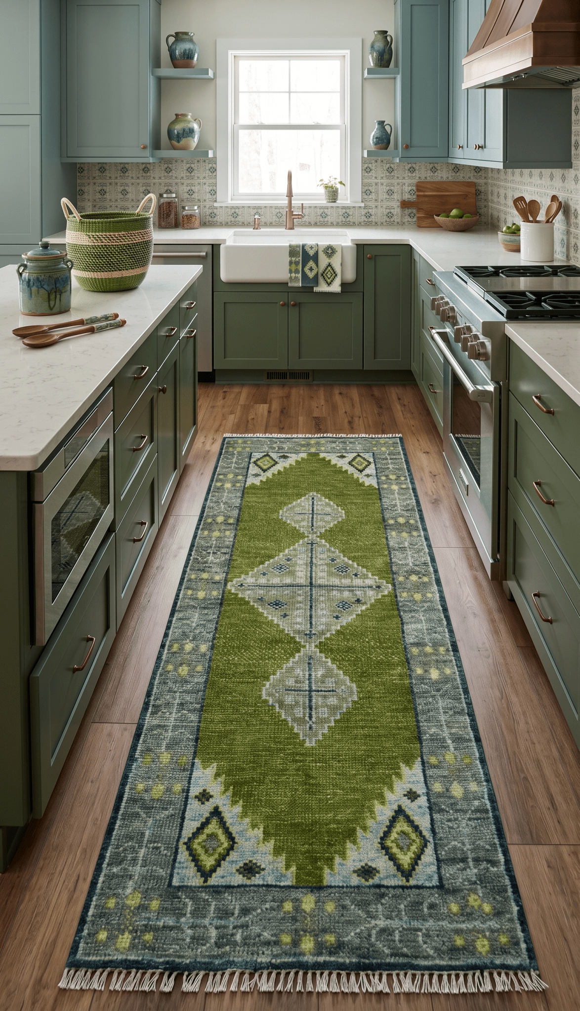 Made to Order Runner Traditional Heriz Green And Gray Hand Knotted Wool Rug