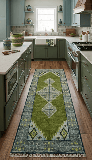 Made to Order Runner Traditional Heriz Green And Gray Hand Knotted Wool Rug