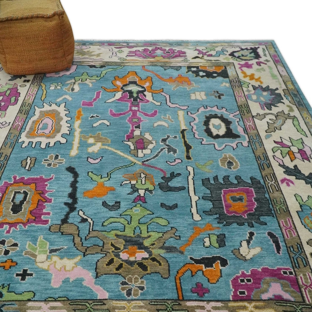 Made to Order Traditional Blue and Ivory Vibrant colorful Hand knotted Oushak wool area rug