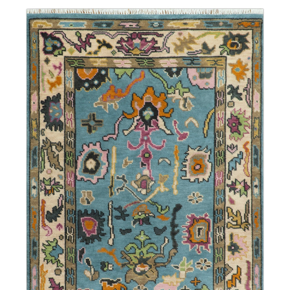 Made to Order Traditional Blue and Ivory Vibrant colorful Hand knotted Oushak wool area rug