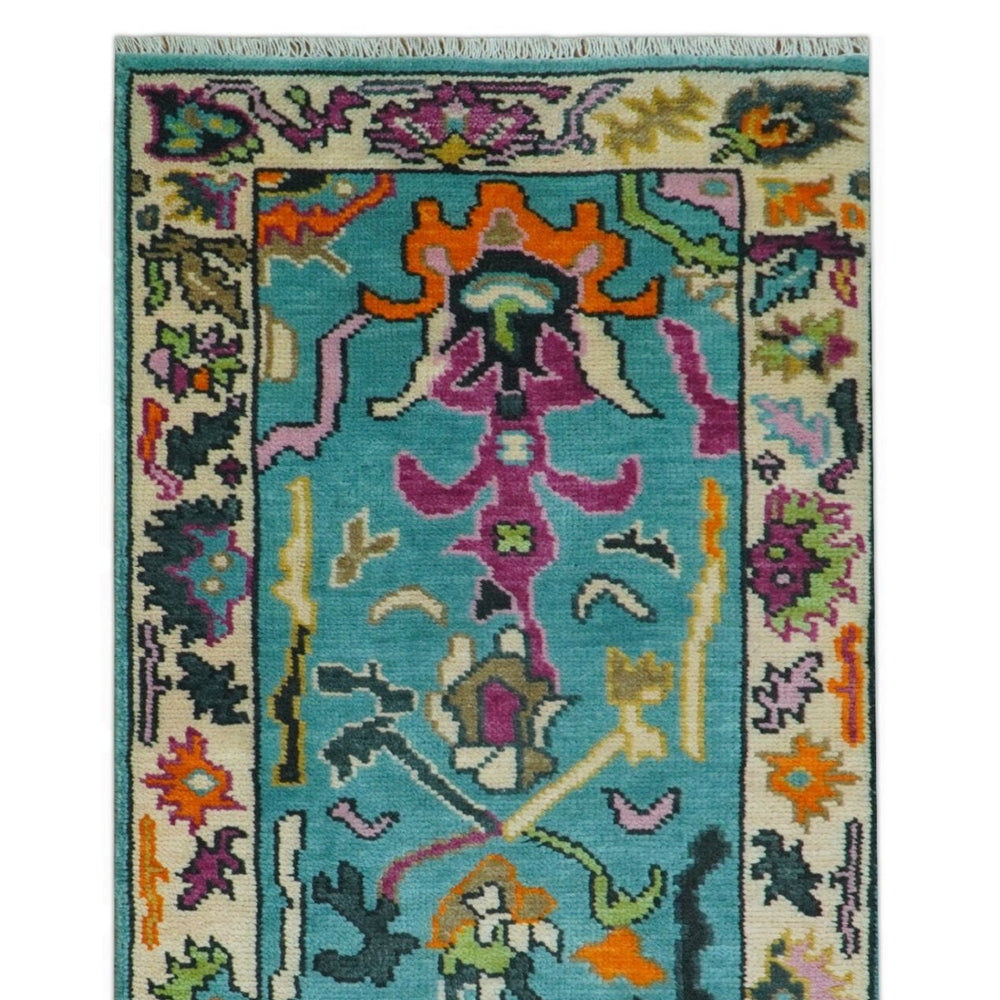 Made to Order Traditional Blue and Ivory Vibrant colorful Hand knotted Oushak wool area rug