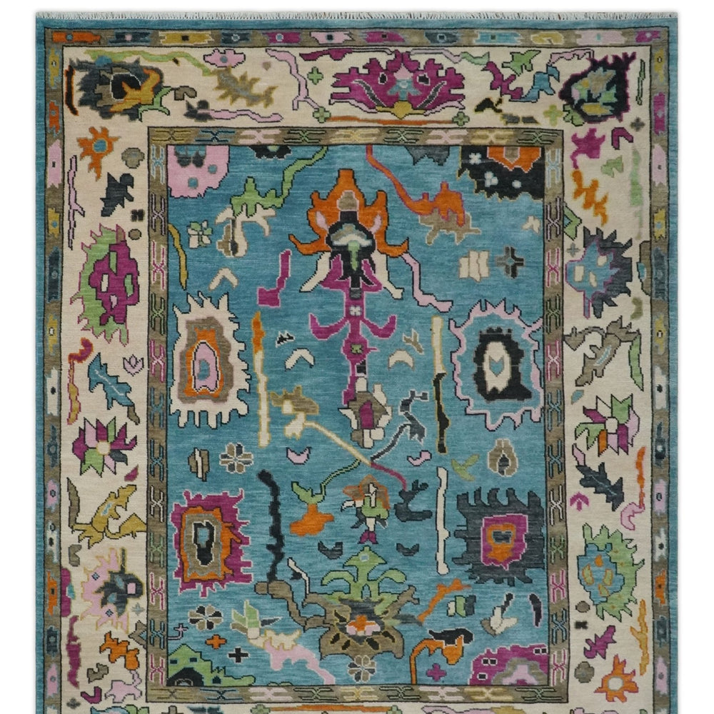 Made to Order Traditional Blue and Ivory Vibrant colorful Hand knotted Oushak wool area rug