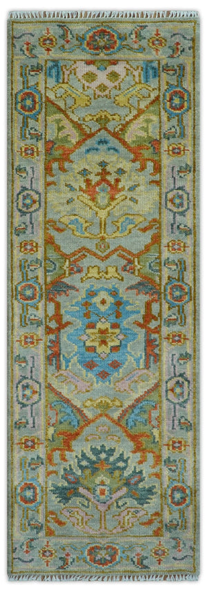 Made to Order Traditional Olive And Blue Hand Knotted Runner Wool Rug