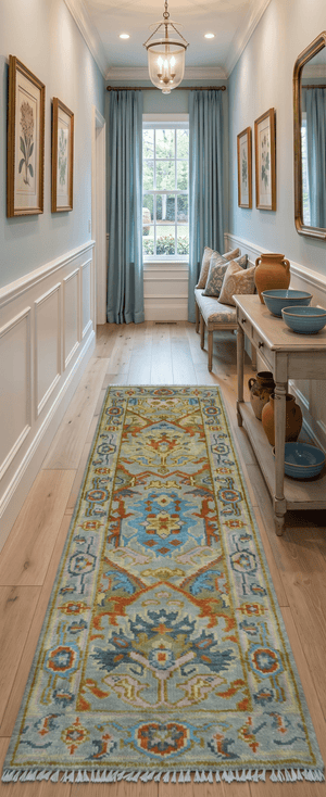 Made to Order Traditional Olive And Blue Hand Knotted Runner Wool Rug