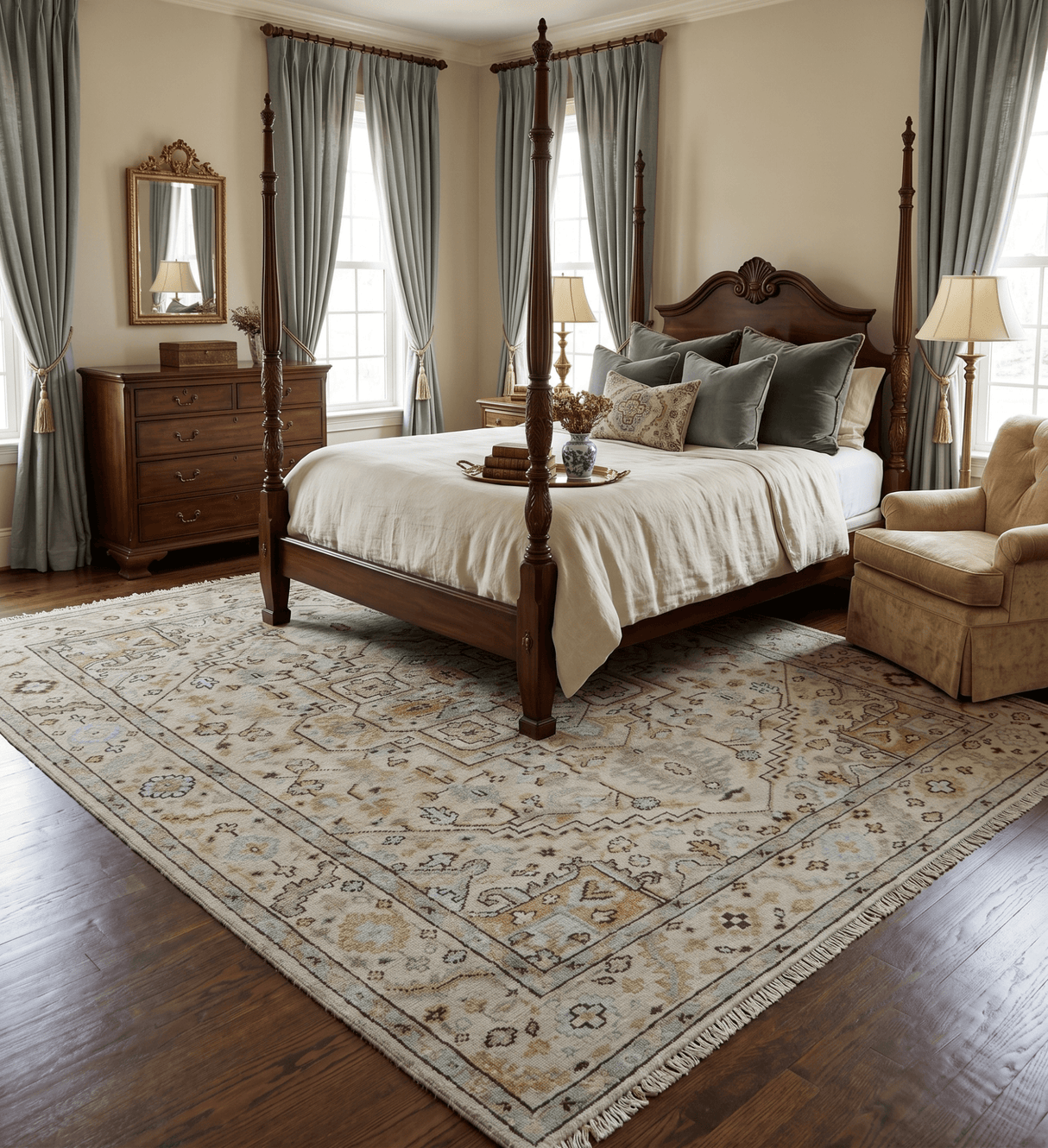 Made to Order Traditional Turkish Design Beige And Blue Wool Rug