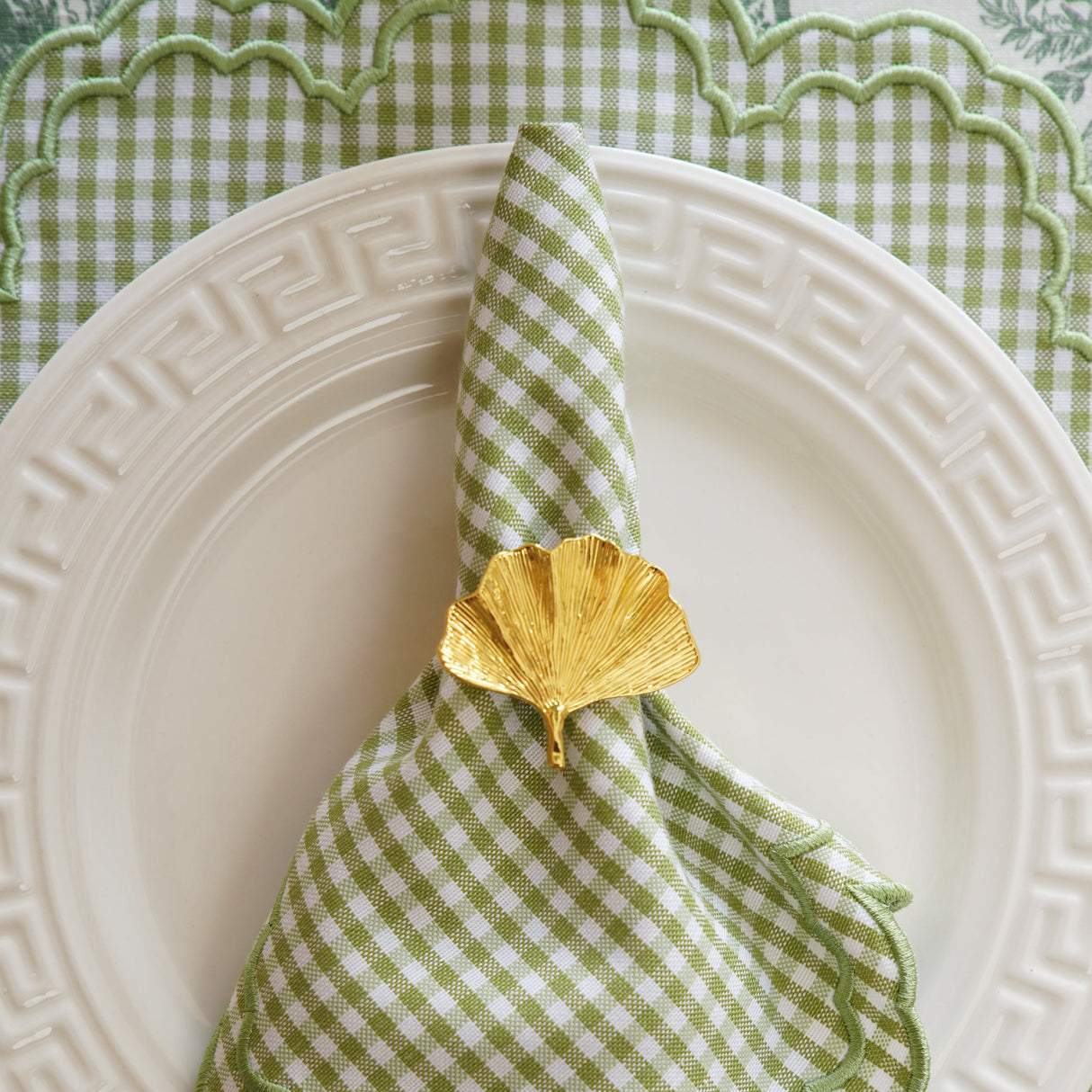 MAGNOLIA GINGHAM GREEN SCALLOPED FABRIC PLACEMAT NAPKIN SET