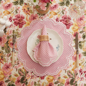 MAGNOLIA GINGHAM PINK WHITE TRIM FABRIC PLACEMAT NAPKIN SET