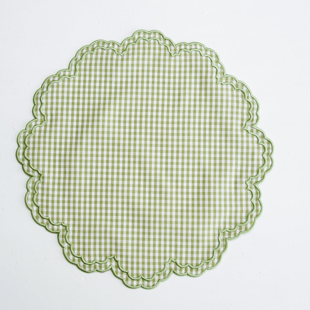 MAGNOLIA GINGHAM GREEN SCALLOPED FABRIC PLACEMAT NAPKIN SET