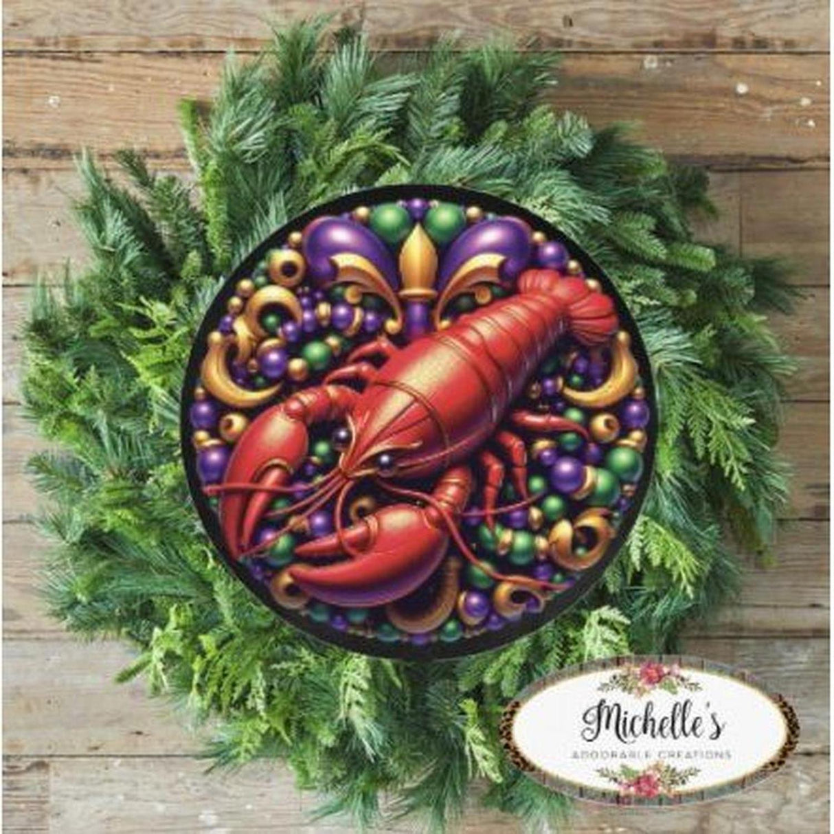 Mardi Gras Crawfish Fleur Round Sign - Wreath Enhancement