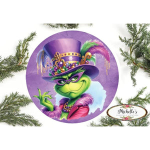 Mardi Gras Green Monster Round Sign - Wreath Enhancement