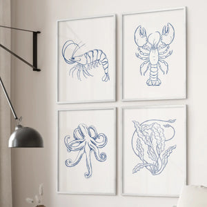 Sealife Line Art Set of 4 Prints. Lobster, Seaweed, Octopus