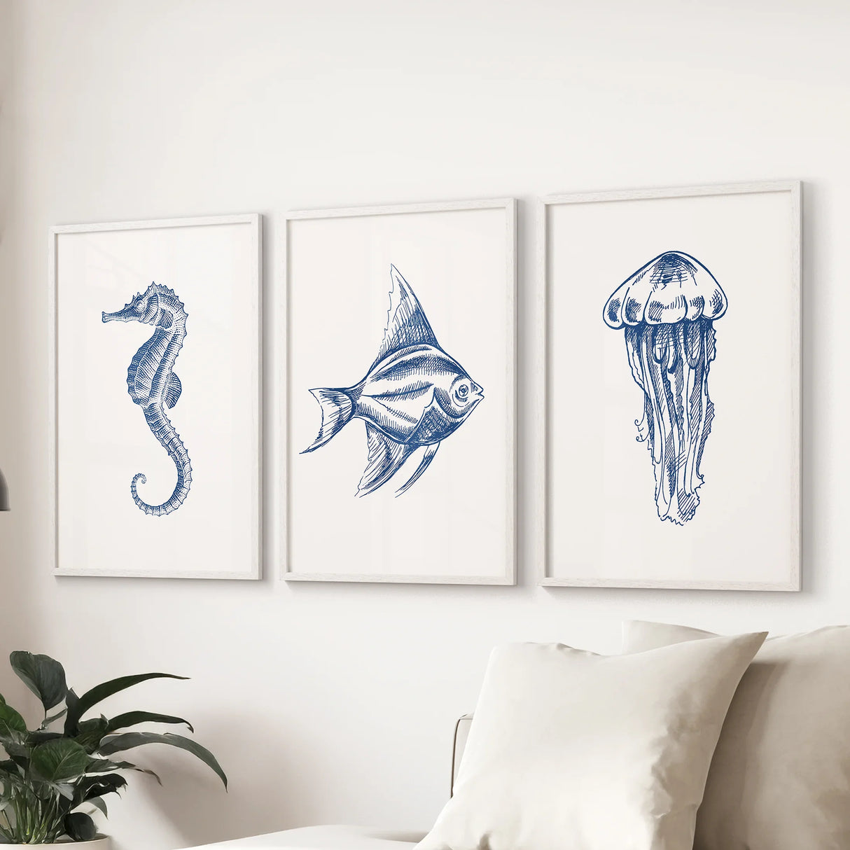 Sea Animal Posters. Seahorse, Fish, Jellyfish Art Print Set