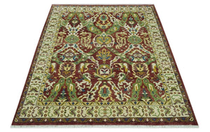 Maroon and Green Hand Knotted Traditional Large Design Multi Size wool area rug