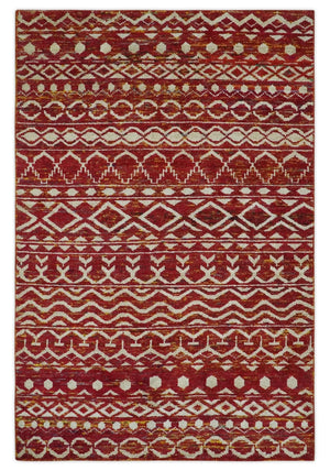 Maroon and Ivory 5.6x8.6 Hand Knotted Southwestern Tribal Trellis Recycled Silk Rug