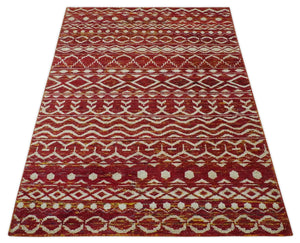 Maroon and Ivory 5.6x8.6 Hand Knotted Southwestern Tribal Trellis Recycled Silk Rug